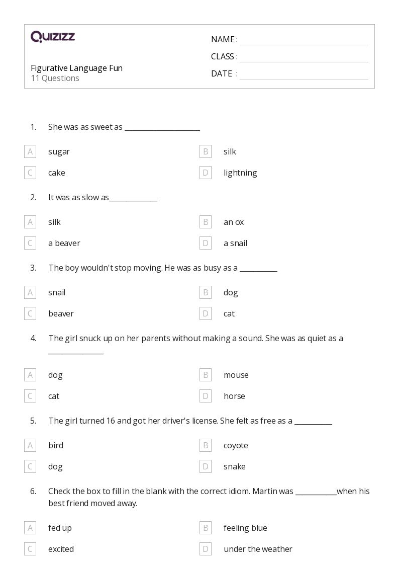 50+ Figurative Language worksheets for 2nd Grade on Quizizz Free & Printable