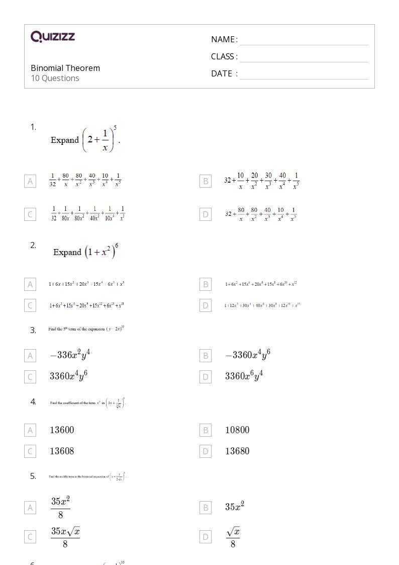 50+ binomial theorem worksheets on Quizizz Free & Printable