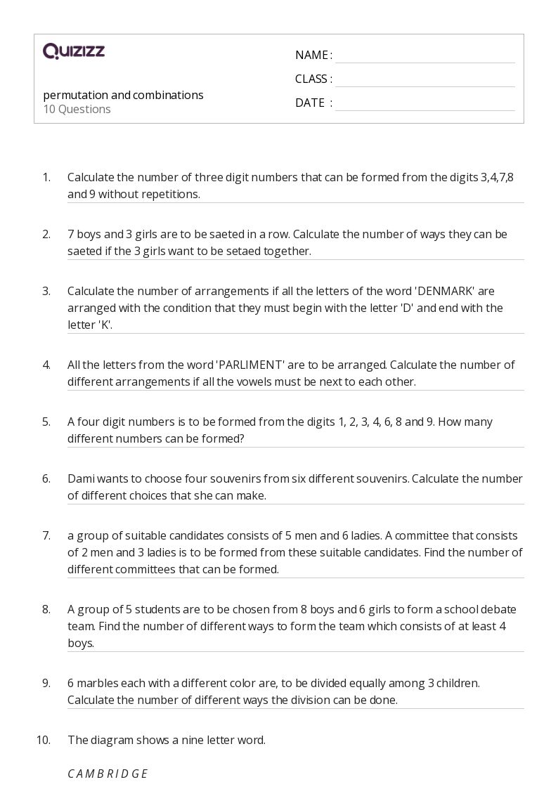 50+ permutation and combination worksheets on Quizizz Free & Printable