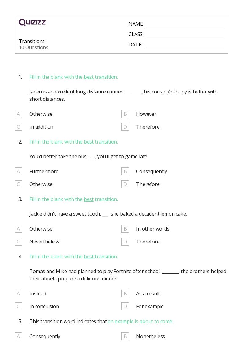 50+ Transition Words worksheets for 8th Grade on Quizizz Free & Printable