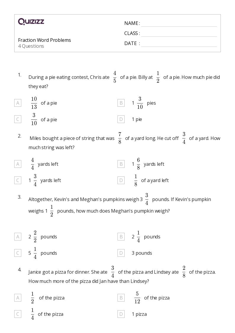 50+ Fraction Word Problems worksheets for 4th Grade on Quizizz Free & Printable