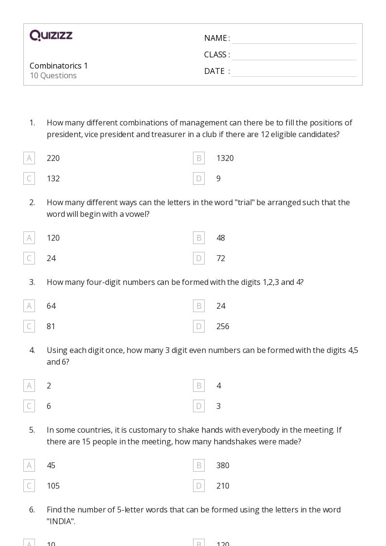 50+ Probability & Combinatorics worksheets for 11th Year on Quizizz