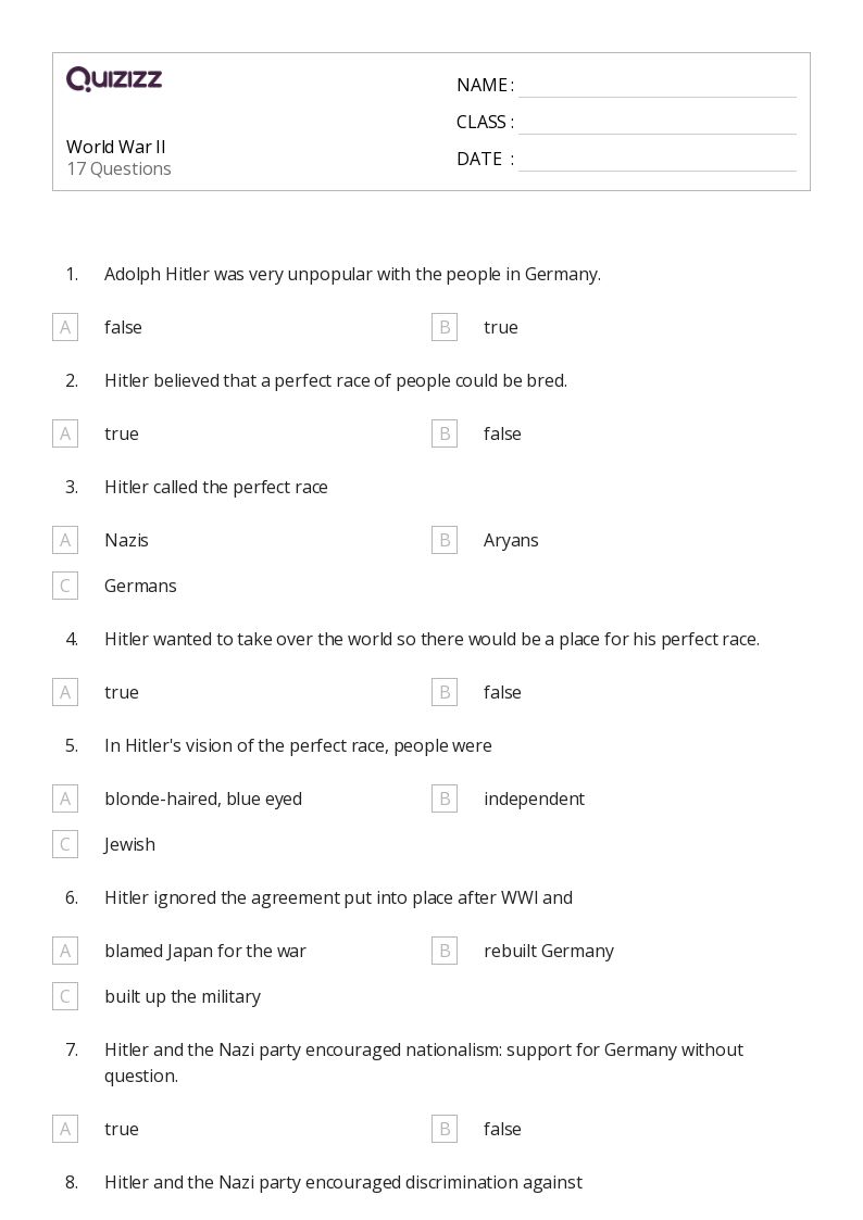 50+ world war ii worksheets for 9th Grade on Quizizz Free & Printable