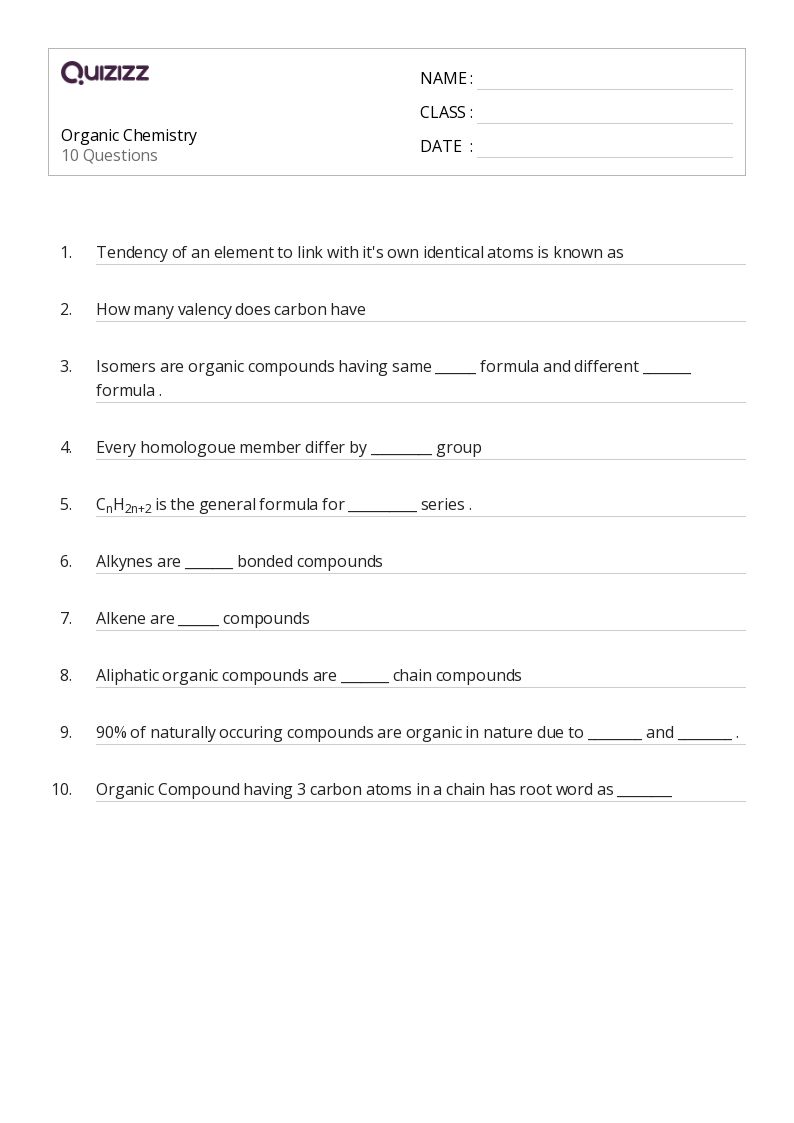 50+ Chemistry worksheets for 10th Class on Quizizz | Free & Printable