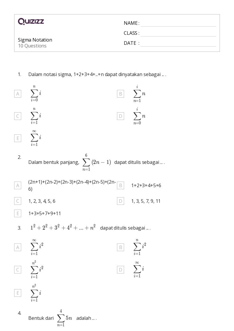notação sigma imprimível 10ª série planilhas Quizizz