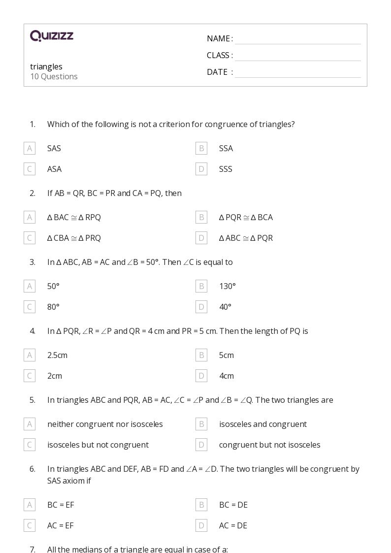 50+ congruent triangles sss sas and asa worksheets for 9th Class on