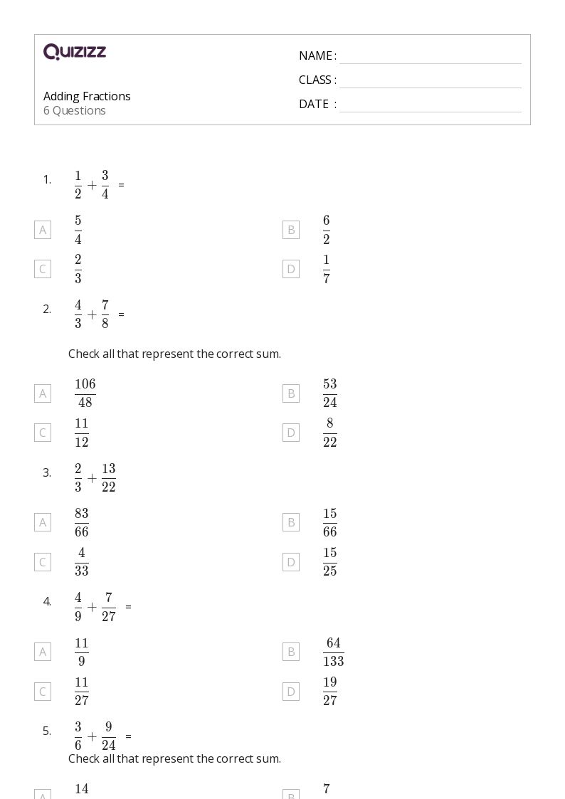 50+ Adding Fractions worksheets for 7th Grade on Quizizz Free & Printable