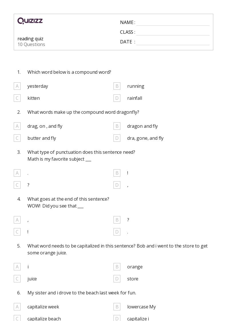 50+ Reading worksheets for 6th Class on Quizizz Free & Printable