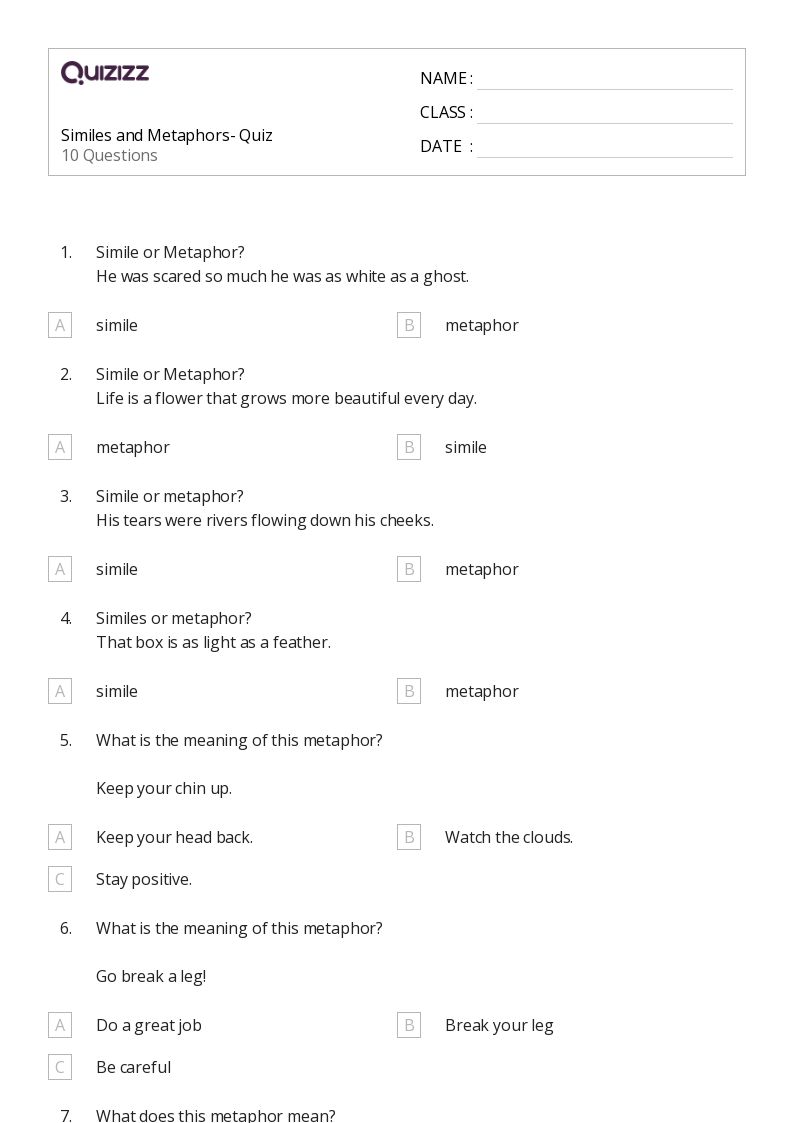 50+ Similes worksheets for 5th Grade on Quizizz Free & Printable