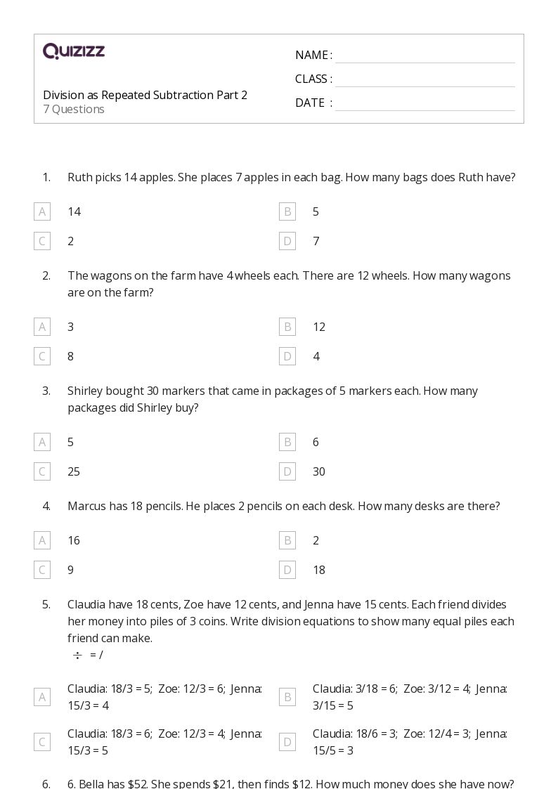 50+ Repeated Subtraction worksheets for 2nd Grade on Quizizz Free & Printable