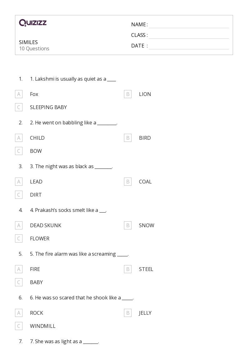 50+ Similes worksheets for 5th Grade on Quizizz Free & Printable