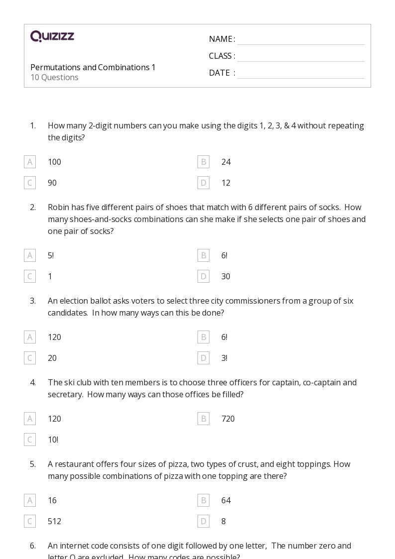 50+ permutations worksheets for 11th Class on Quizizz | Free & Printable