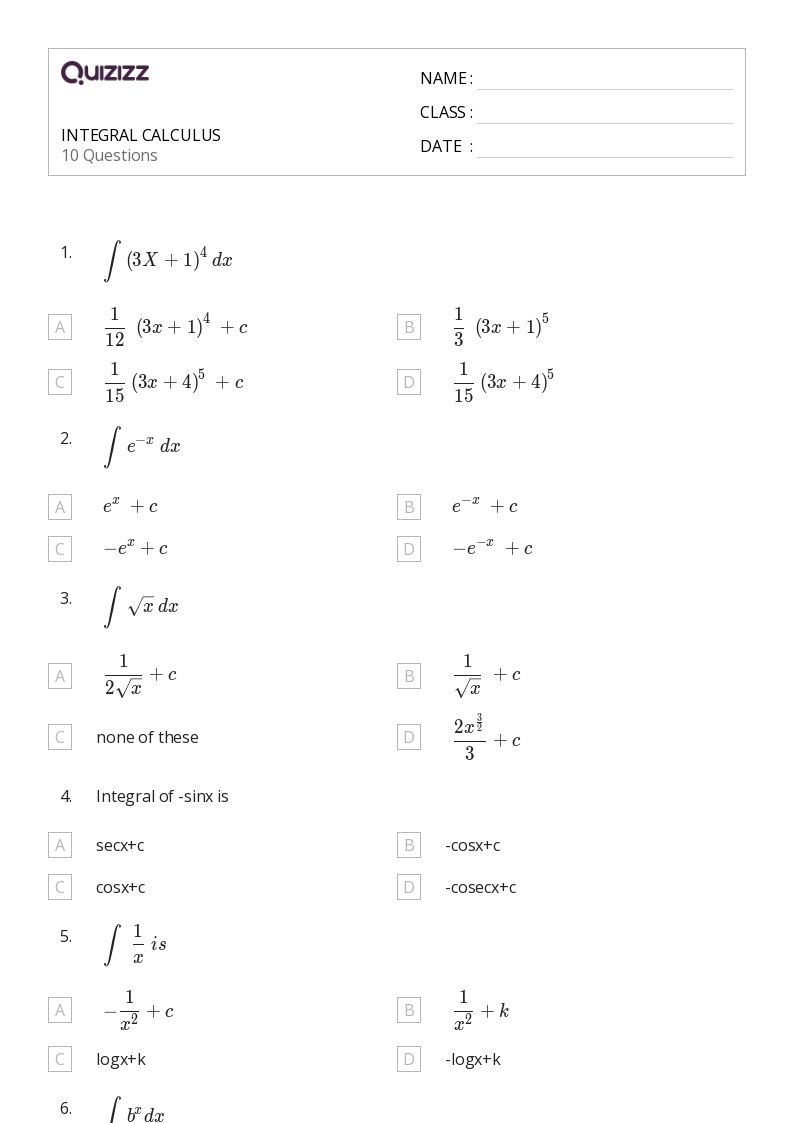 50+ integral calculus worksheets for 12th Grade on Quizizz Free & Printable