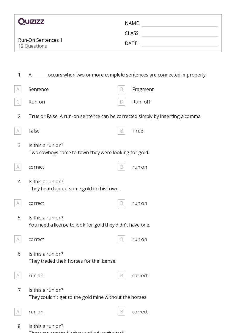 50+ Run On Sentences worksheets for 4th Grade on Quizizz | Free & Printable