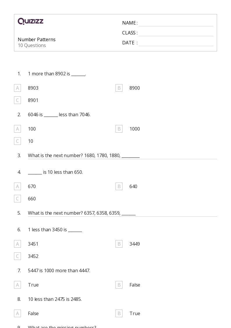 50+ Number Patterns worksheets for 3rd Class on Quizizz Free & Printable