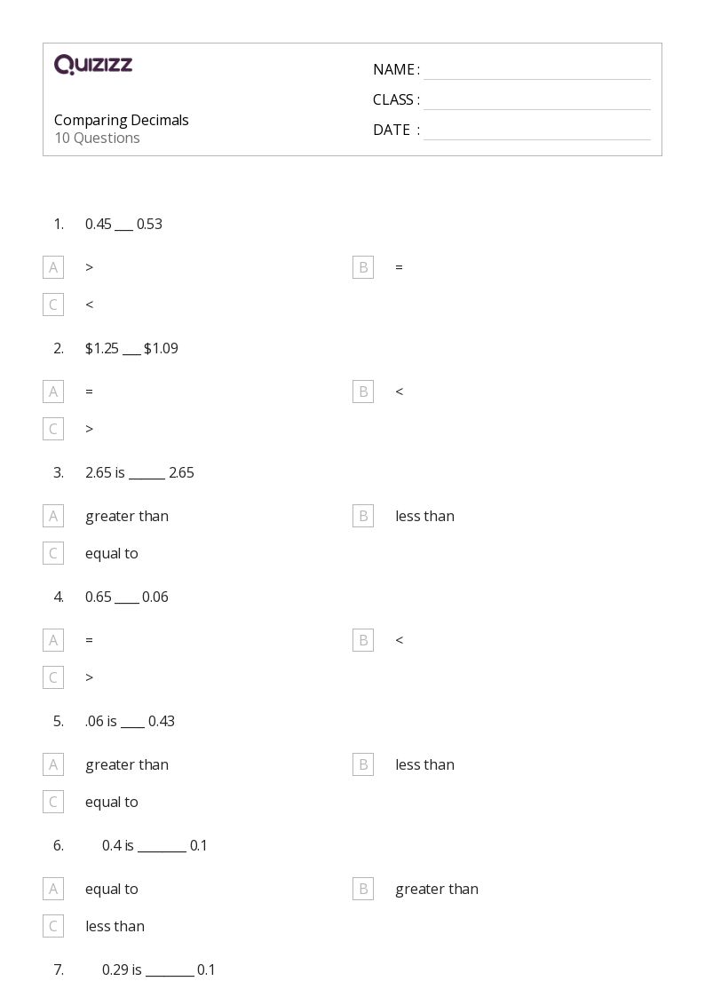 50+ Comparing Decimals worksheets for 7th Grade on Quizizz | Free