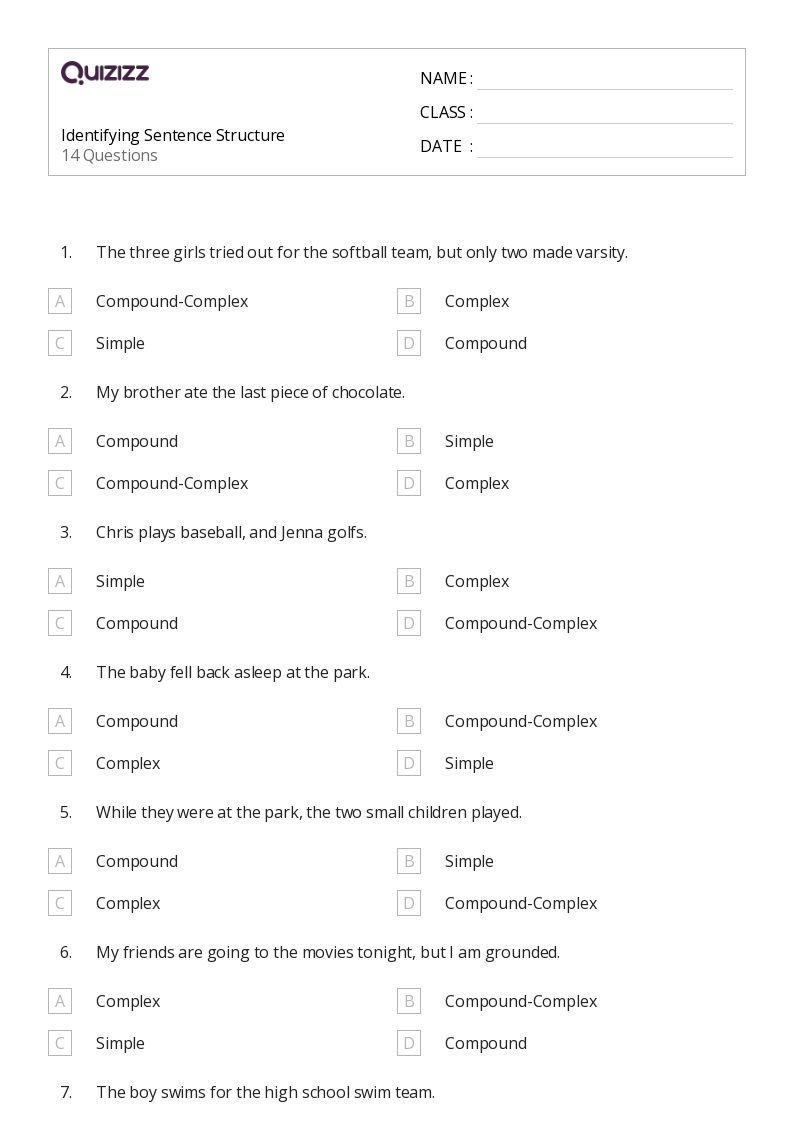 50+ Sentence Structure worksheets for 6th Grade on Quizizz | Free