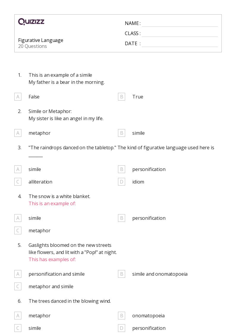 50+ Figurative Language worksheets for 6th Grade on Quizizz | Free