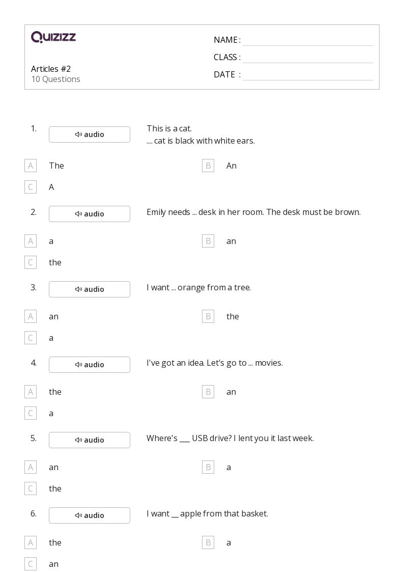 50+ Articles worksheets for 1st Grade on Quizizz Free & Printable
