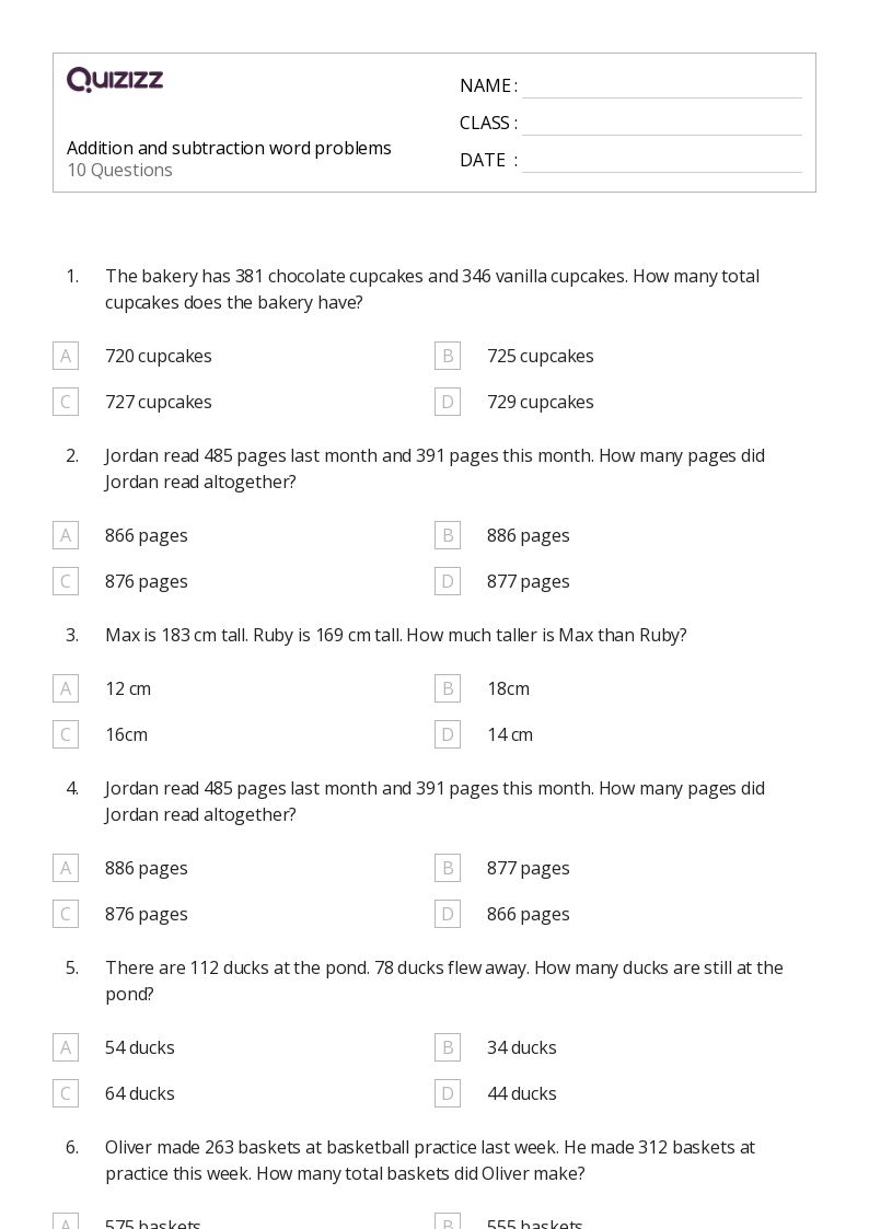 50+ Subtraction Word Problems worksheets for 3rd Class on Quizizz