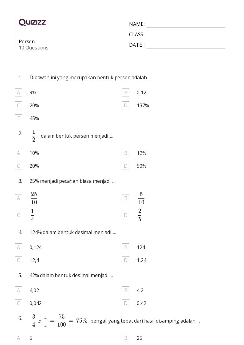50+ lembar kerja Persen untuk Kelas 4 di Quizizz Gratis & Dapat Dicetak