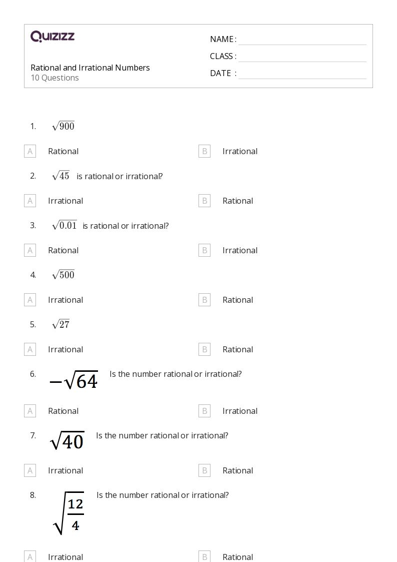 50+ Irrational Numbers worksheets for 7th Grade on Quizizz Free & Printable
