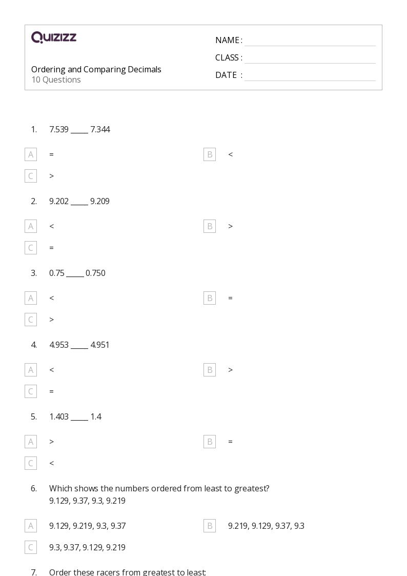 50+ Comparing Decimals worksheets for 5th Grade on Quizizz Free & Printable