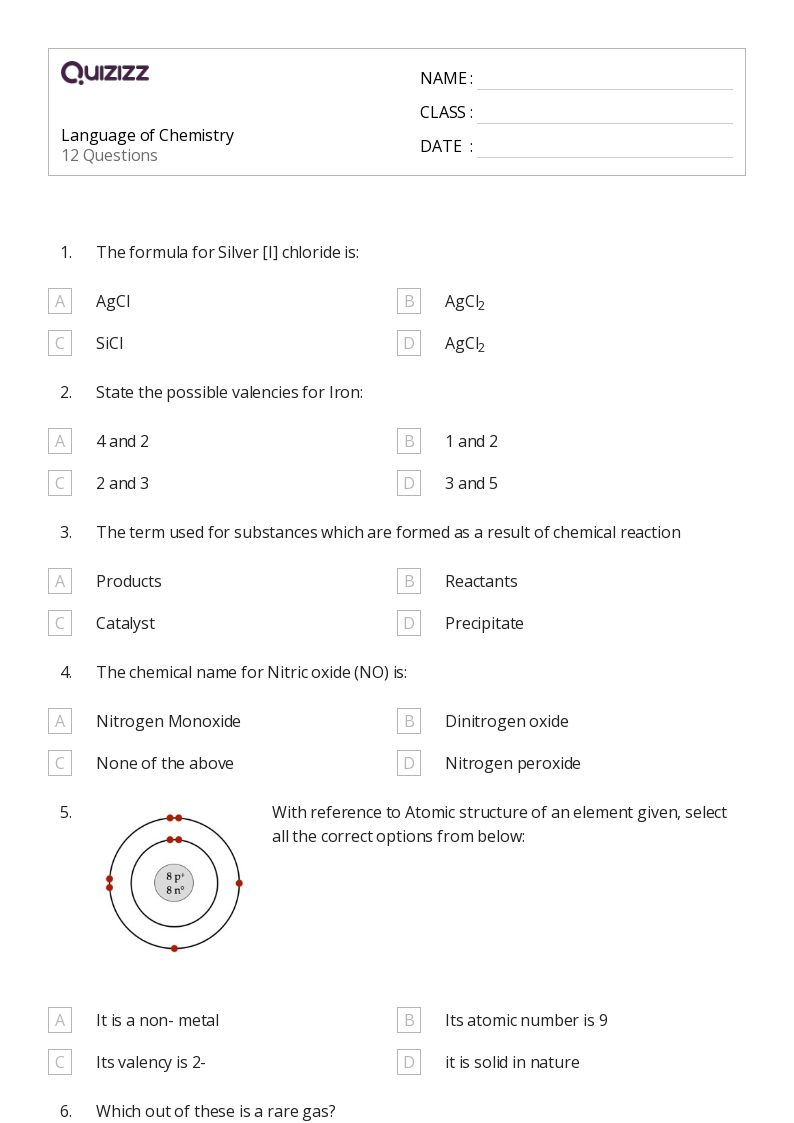 50+ Chemistry worksheets for 8th Class on Quizizz | Free & Printable