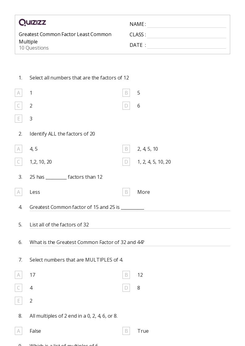 50+ Greatest Common Factor worksheets for 5th Grade on Quizizz | Free