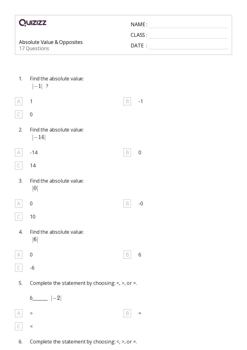 50+ Absolute Value worksheets for 7th Grade on Quizizz Free & Printable