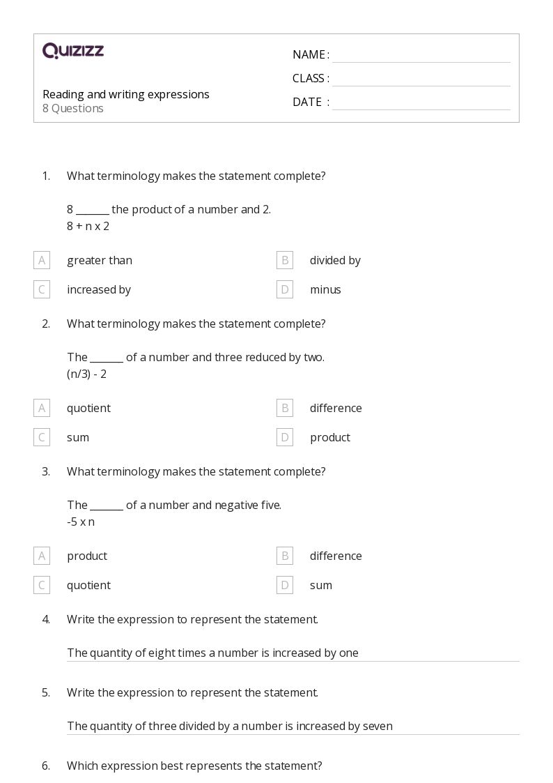 50+ Writing Expressions worksheets for 5th Class on Quizizz Free