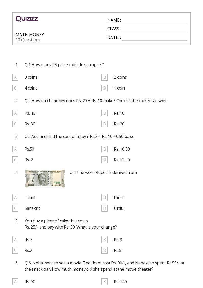 50+ Money Math worksheets for 2nd Class on Quizizz Free & Printable