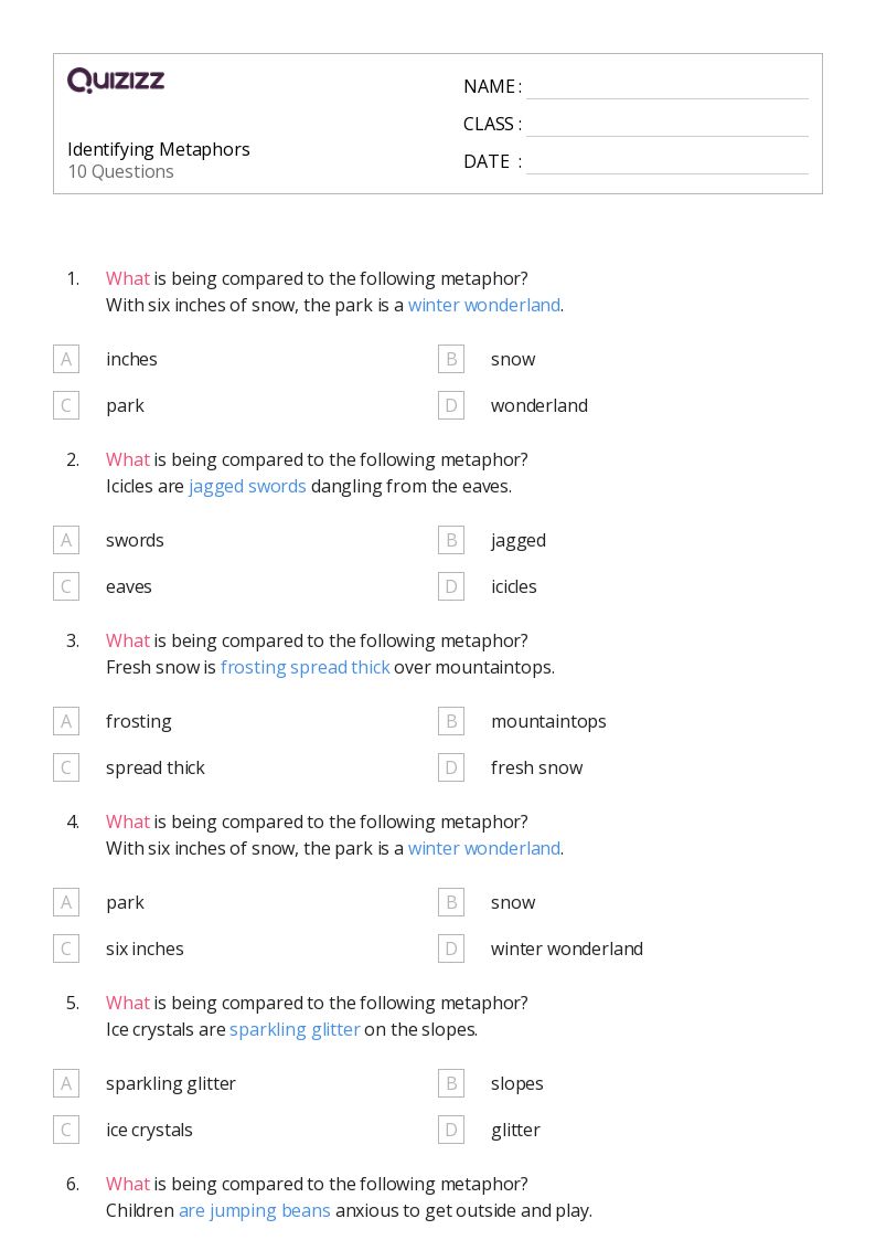 50+ Metaphors worksheets for 3rd Grade on Quizizz Free & Printable