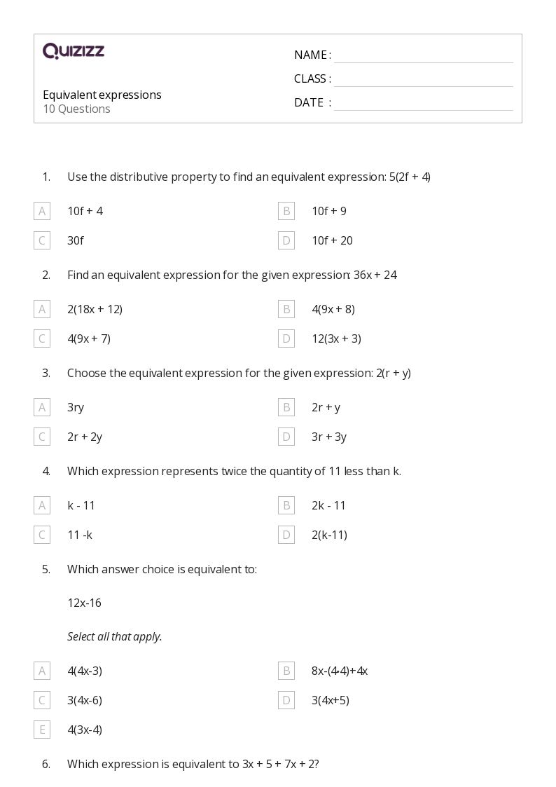 50+ Equivalent Expressions worksheets for 6th Grade on Quizizz | Free