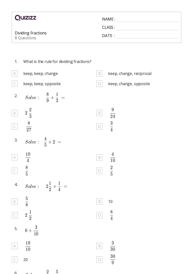50+ Dividing Fractions worksheets for 7th Class on Quizizz Free