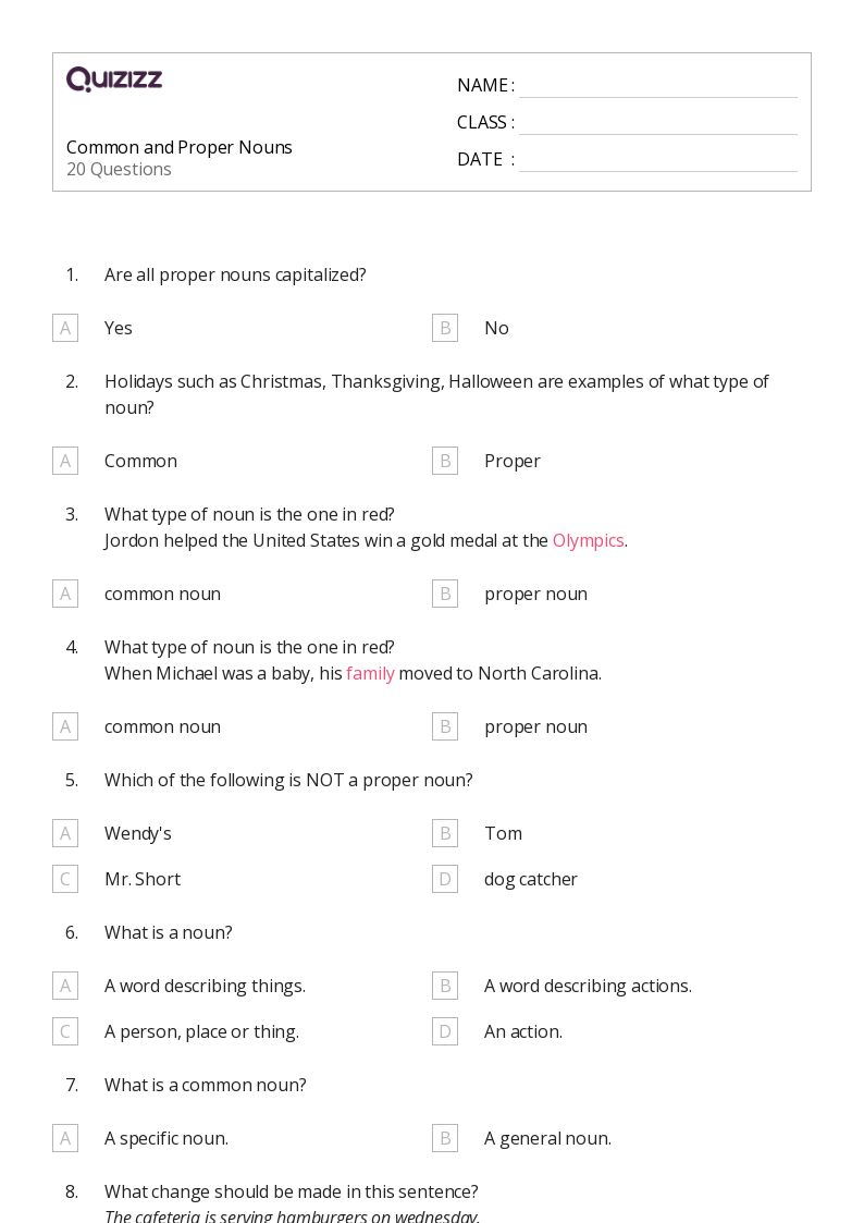 50+ Proper Nouns worksheets for 6th Grade on Quizizz Free & Printable