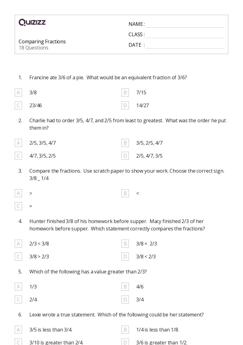 50+ Comparing Fractions worksheets for 5th Grade on Quizizz Free & Printable