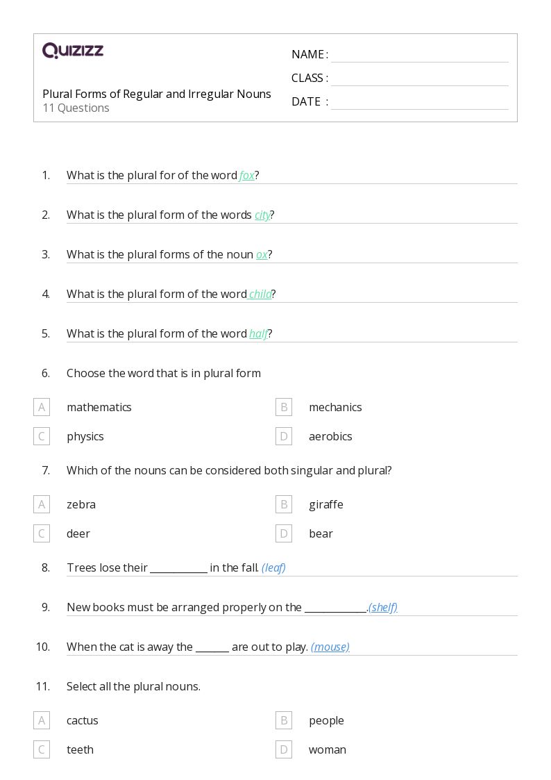 50+ Irregular Plural Forms worksheets for 4th Grade on Quizizz Free