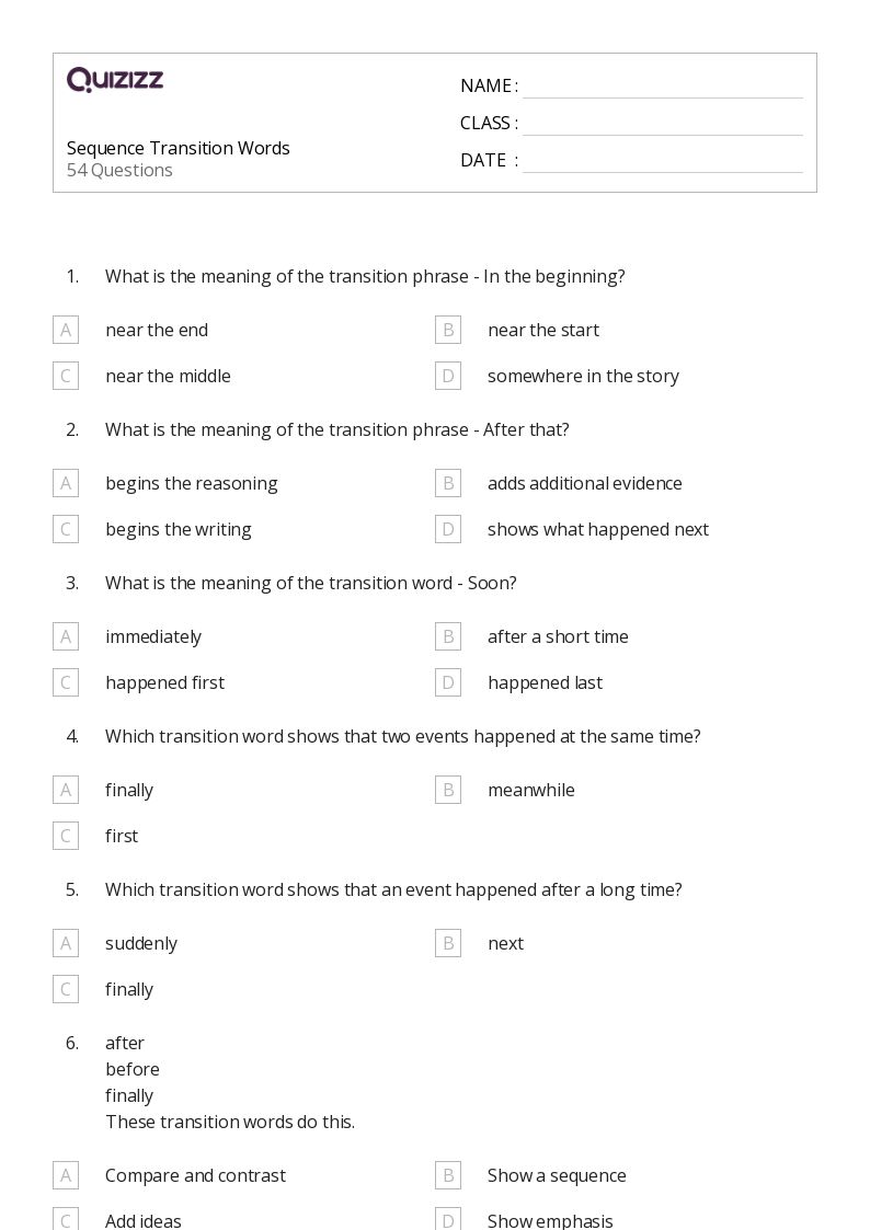 50+ Transition Words worksheets for 5th Grade on Quizizz Free & Printable