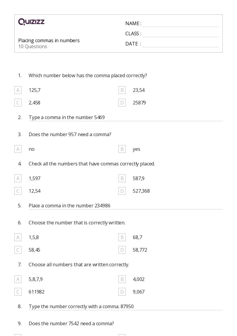 50+ Commas worksheets for 2nd Grade on Quizizz Free & Printable