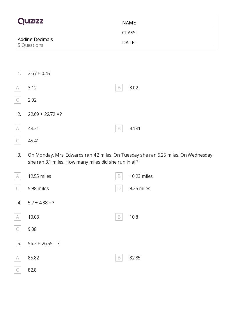 50+ Adding Decimals worksheets for 4th Class on Quizizz Free & Printable