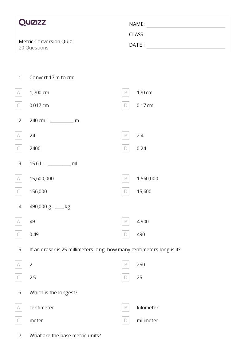 50+ Converting Metric Units worksheets for 7th Grade on Quizizz | Free