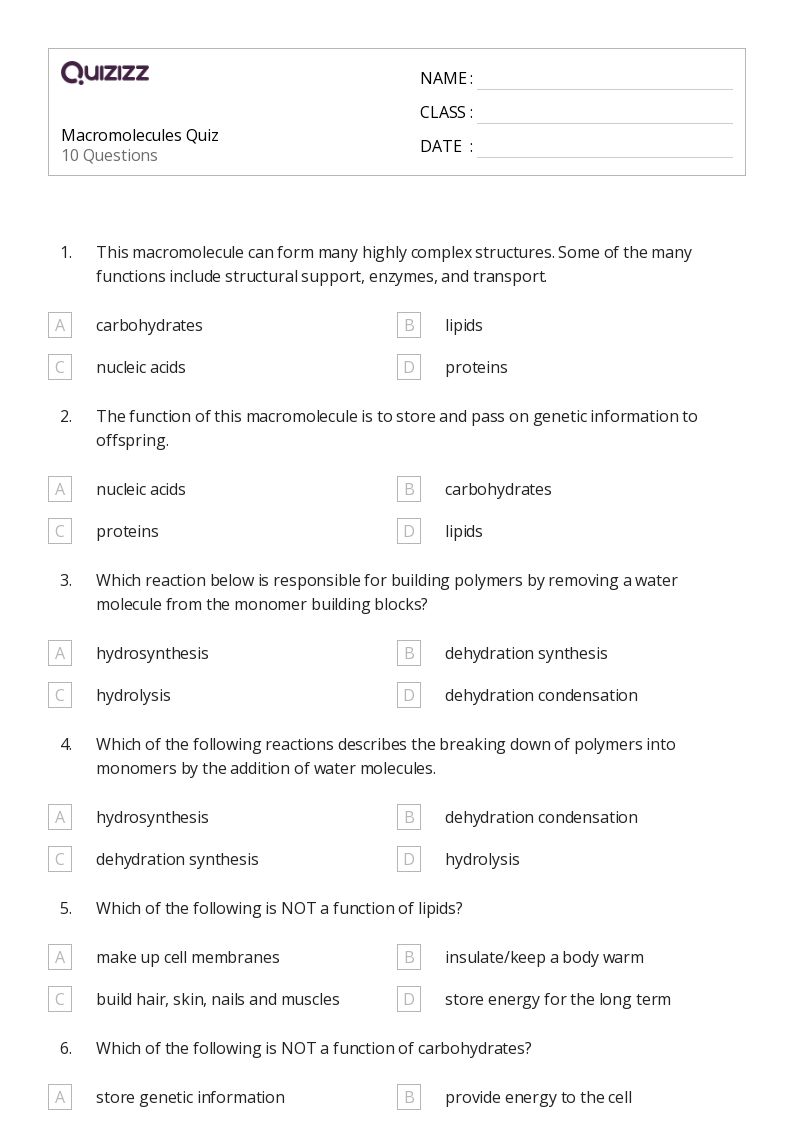 50+ macromolecules worksheets for 11th Class on Quizizz Free & Printable