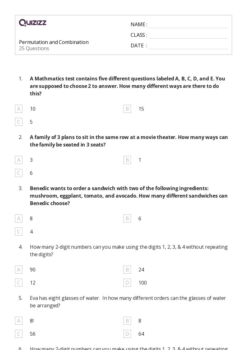 50+ permutation and combination worksheets on Quizizz Free & Printable