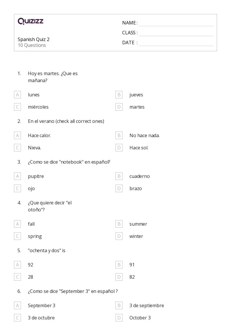 50+ Spanish worksheets on Quizizz Free & Printable