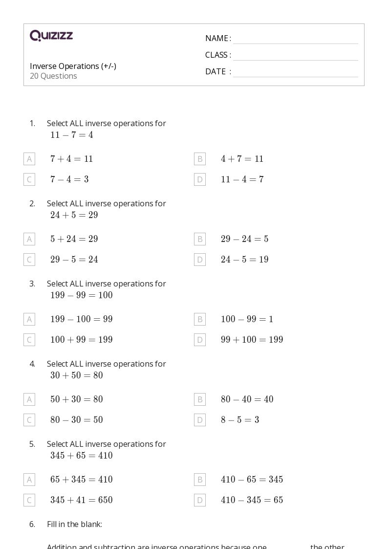 50+ Addition and Inverse Operations worksheets on Quizizz | Free