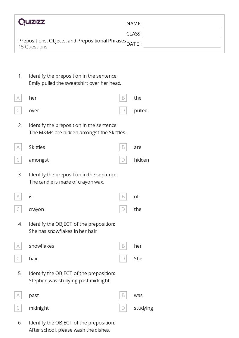 50+ Prepositional Phrases worksheets for 6th Grade on Quizizz Free & Printable