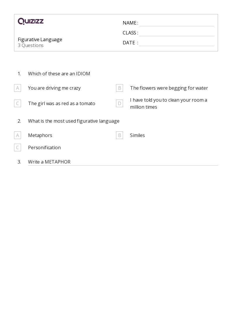 50+ Figurative Language worksheets for 2nd Year on Quizizz Free & Printable