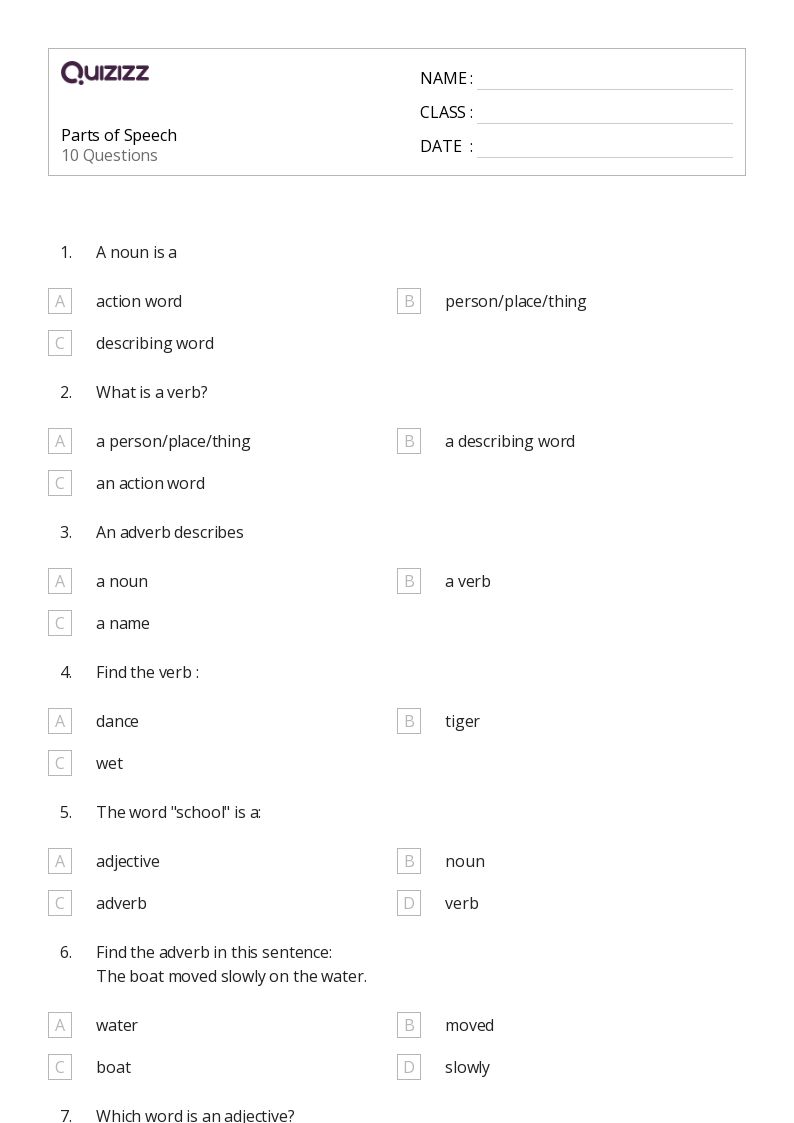 50+ Parts of Speech worksheets for 4th Class on Quizizz Free & Printable