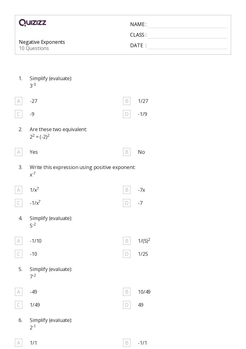 50+ Exponents worksheets for 8th Grade on Quizizz Free & Printable